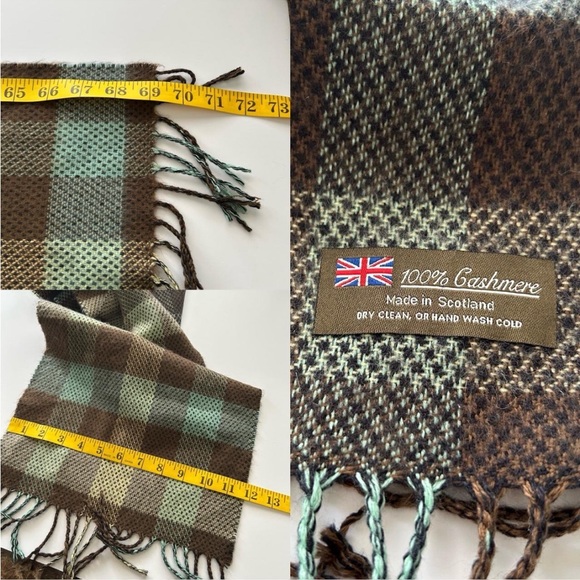 100% Cashmere Plaid scarf made in Scotland Green. - Picture 8 of 8
